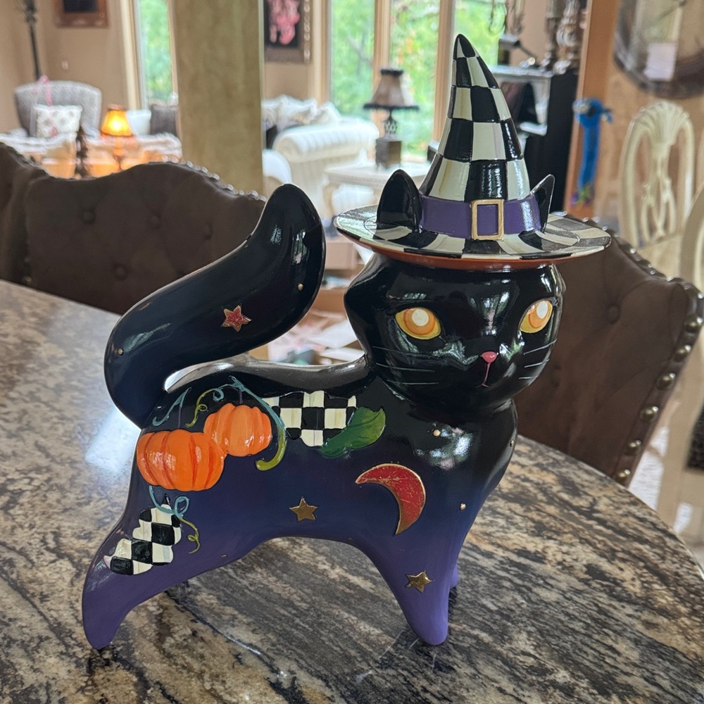 Mackenzie Childs Fortune Teller Black Cat Halloween Figurine with Witch Hat